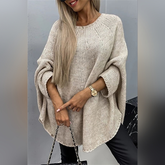 Oversized Knit Top Batwing Baggy Long Pullover Sweater Poncho Shirt Round Neck - Picture 1 of 12